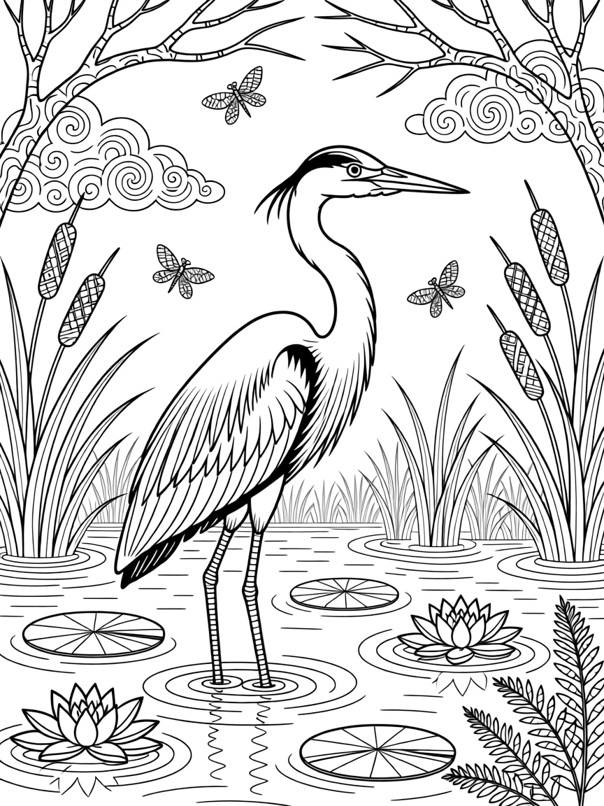 A great blue heron standing still in shallow marsh water.