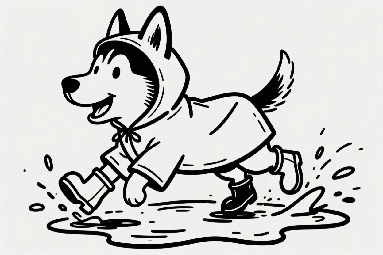 A husky puppy wearing a raincoat and tiny boots, splashing through a puddle.