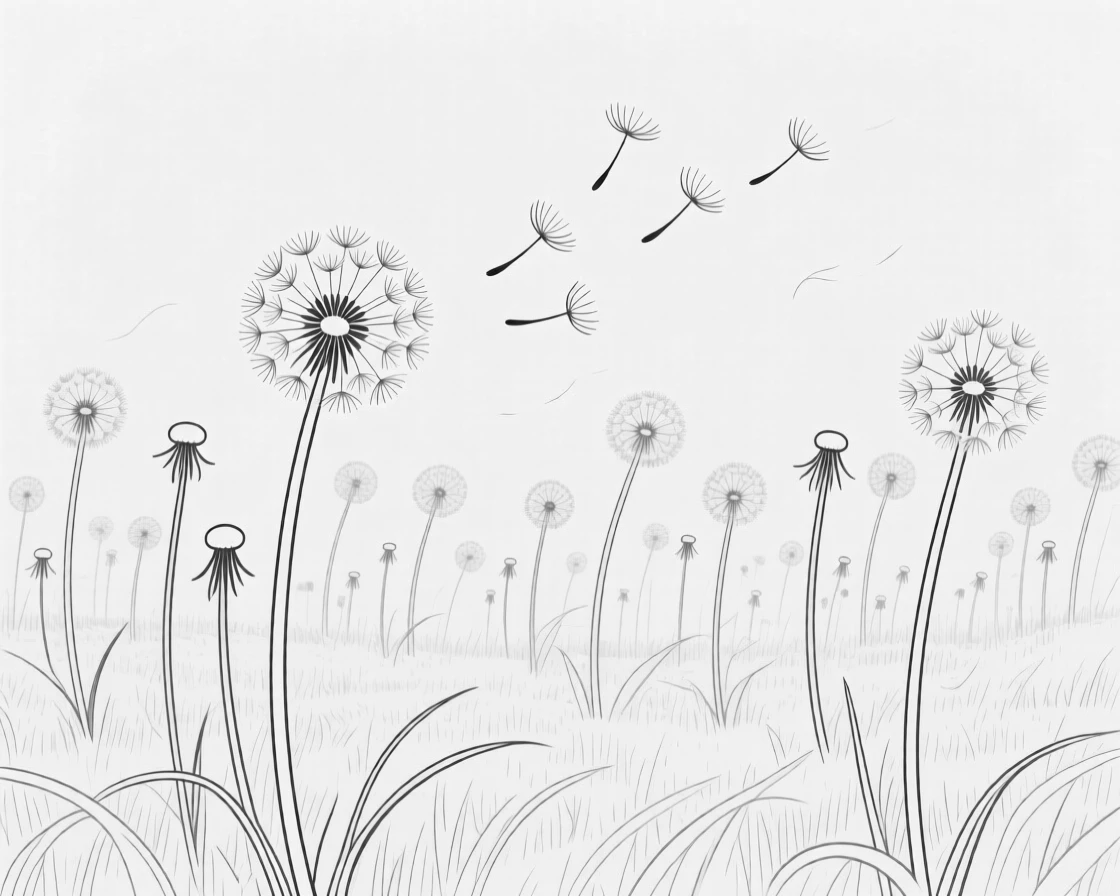 A meadow of dandelions with seeds drifting in the breeze
