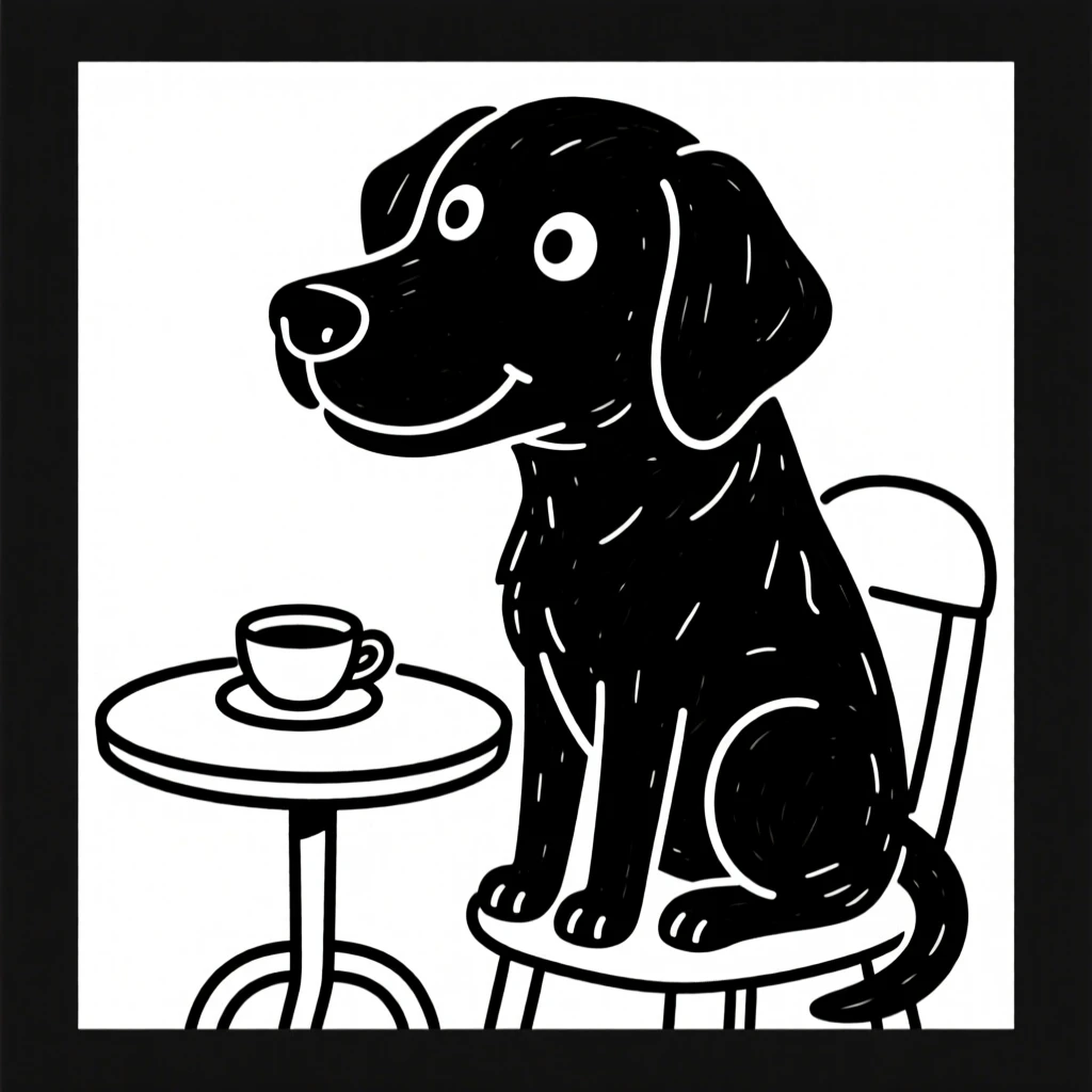 A black lab sitting at a tiny table with a teacup, having a pretend tea party.