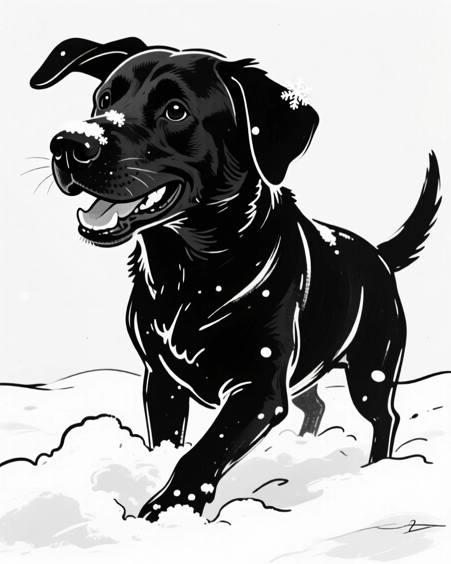 A black lab playing in a pile of freshly fallen snow, snowflakes on its nose.