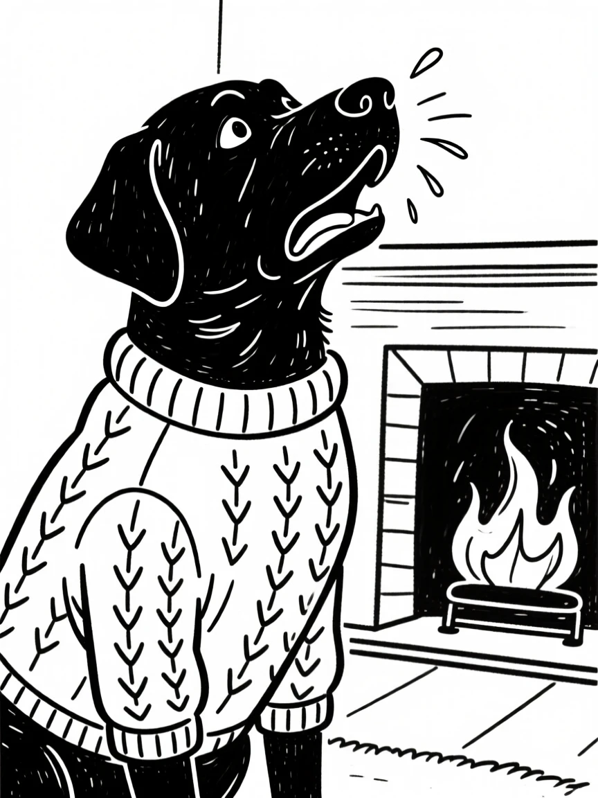 A black lab wearing a knitted sweater, shivering dramatically by a fireplace.