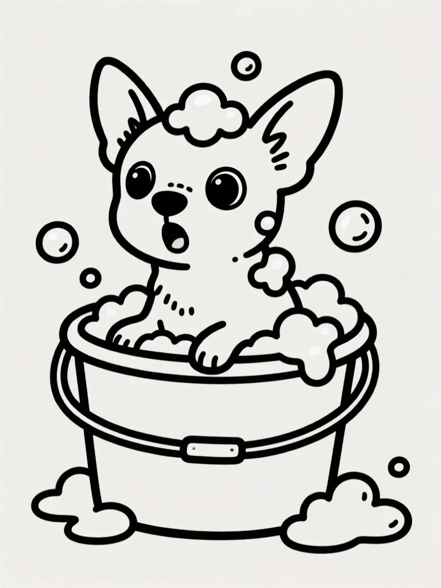 A chihuahua getting a bath in a bucket, covered in soap bubbles.