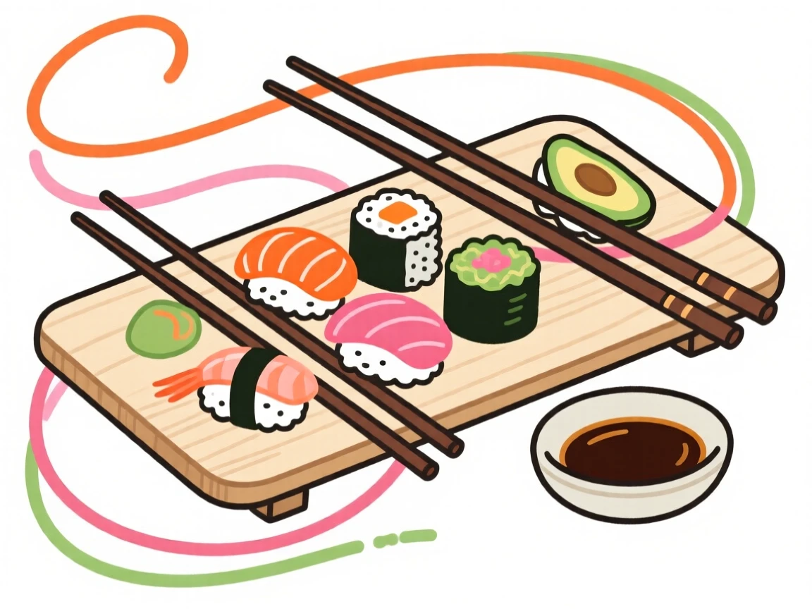 A colorful sushi platter arranged with chopsticks and soy sauce.