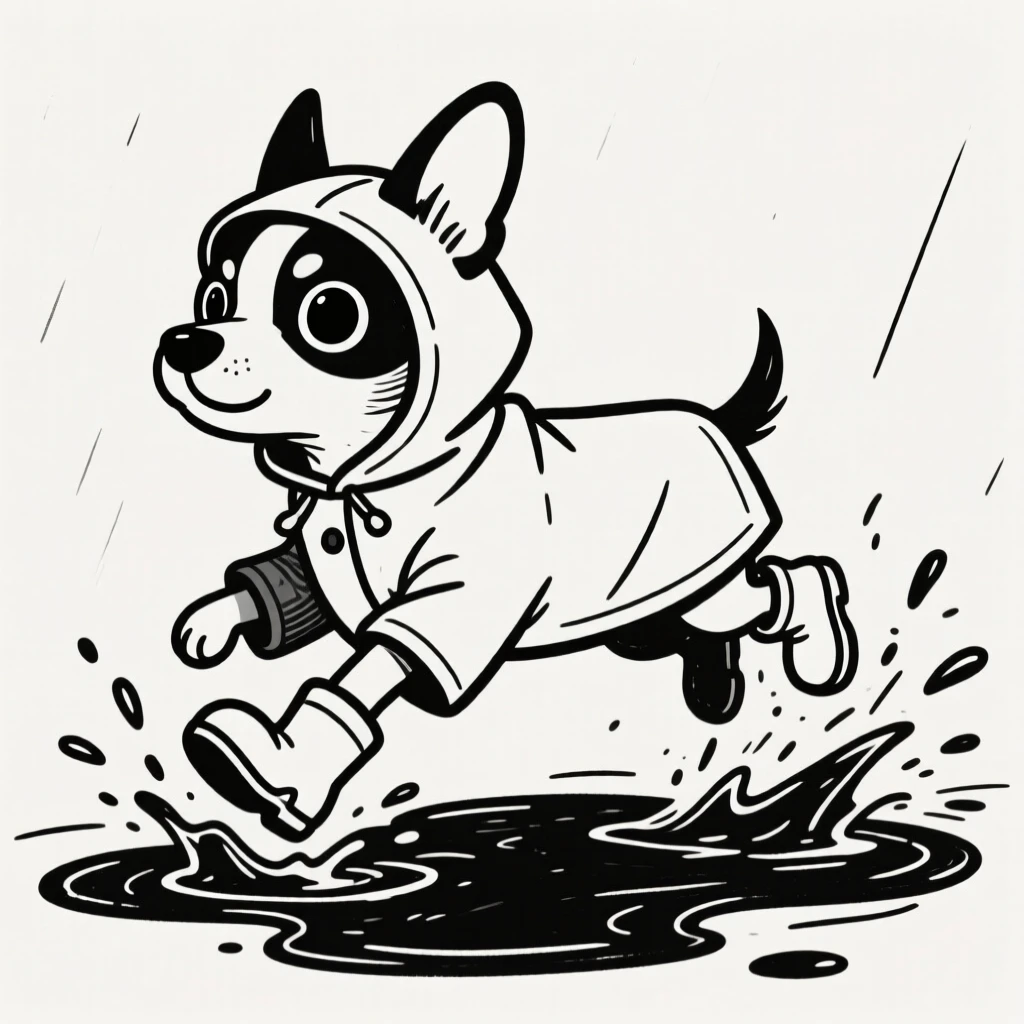 A chihuahua wearing a raincoat and tiny boots, splashing through a puddle.