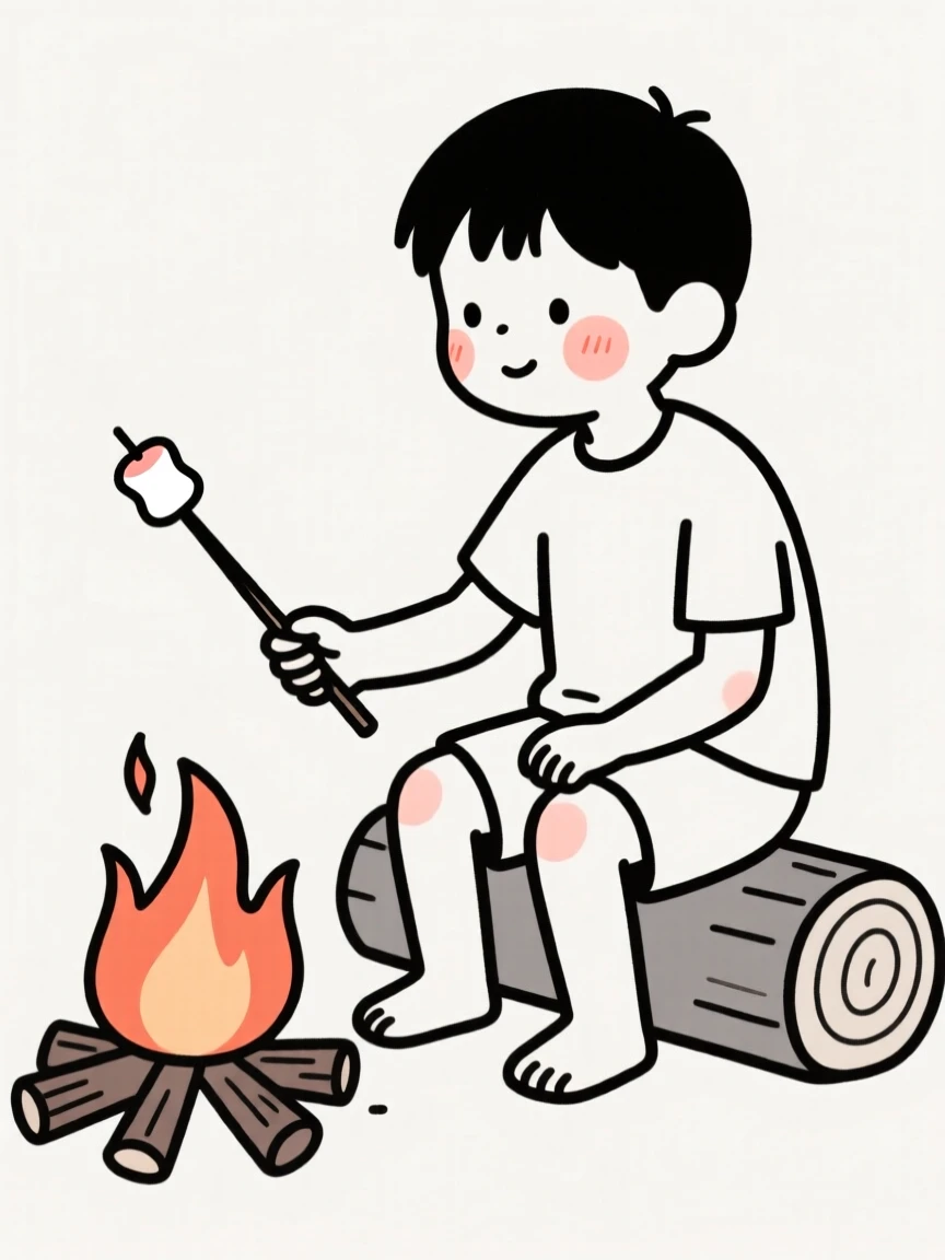 A young boy roasting marshmallows over a campfire.