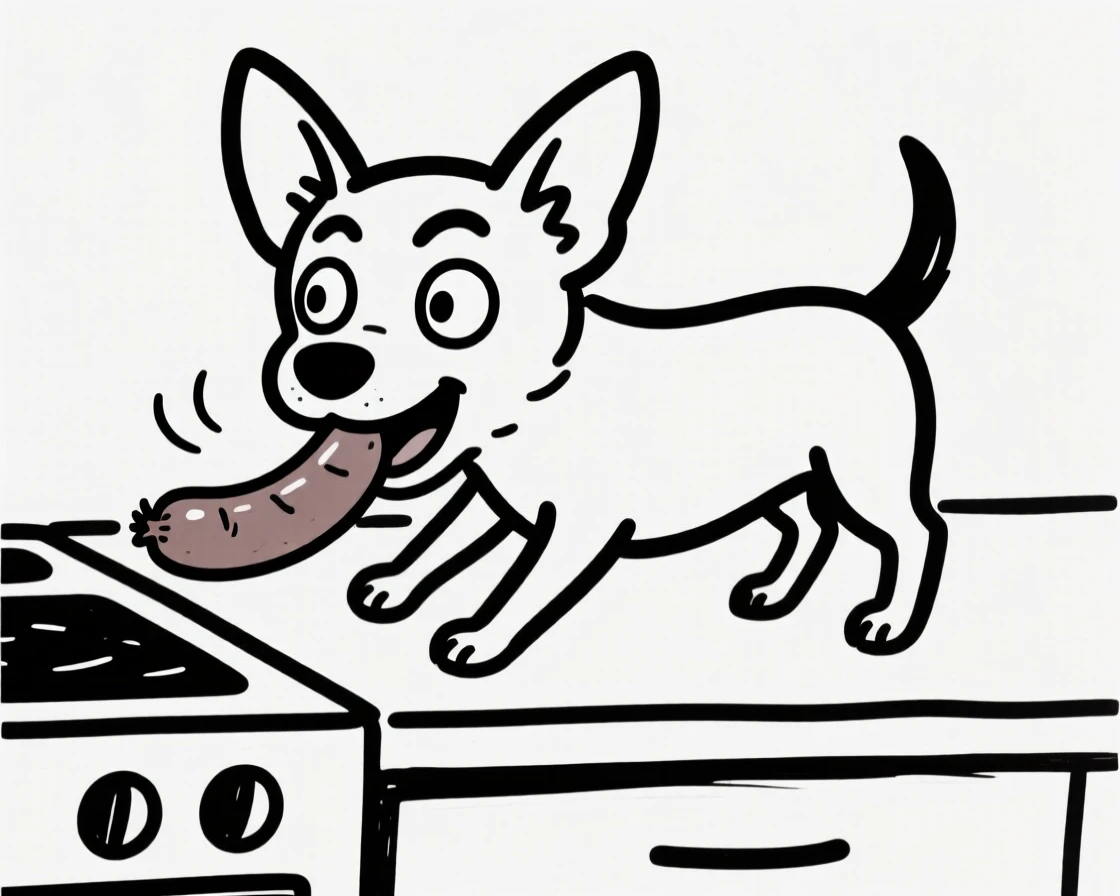 A chihuahua stealing a sausage off a kitchen counter, caught in the act.
