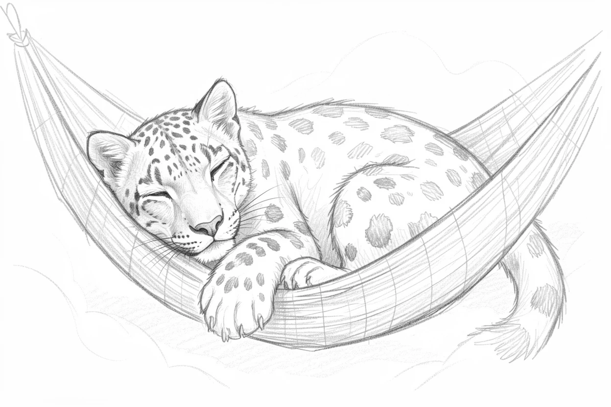 An adorable close-up of a majestic snow leopard dozing in a hammock, framed by soft morning mist.