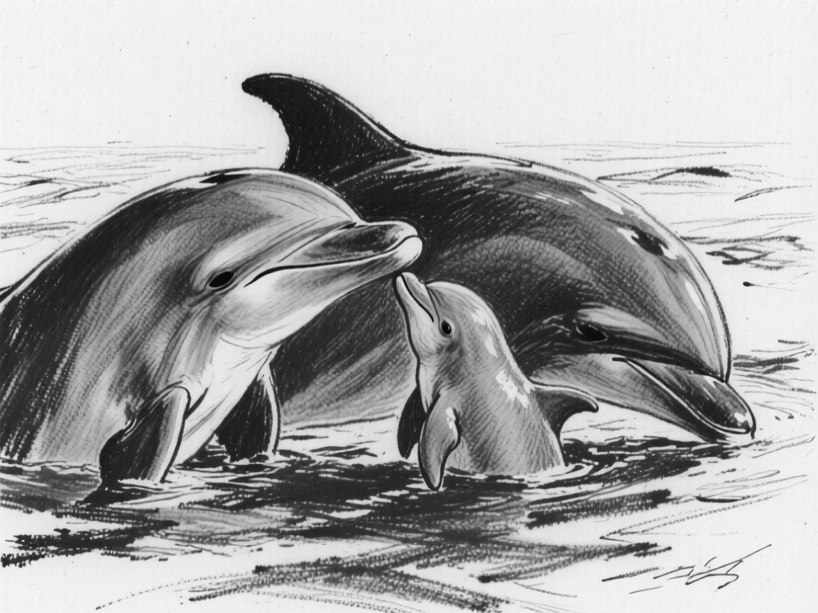 A pod of dolphins grooming its young with gentle care.