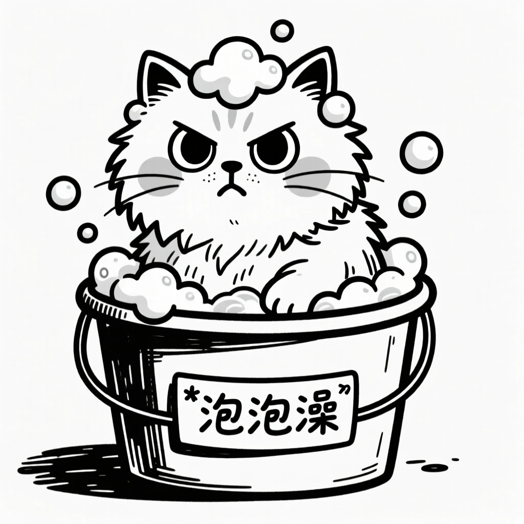A persian cat getting a bath in a bucket, covered in soap bubbles.