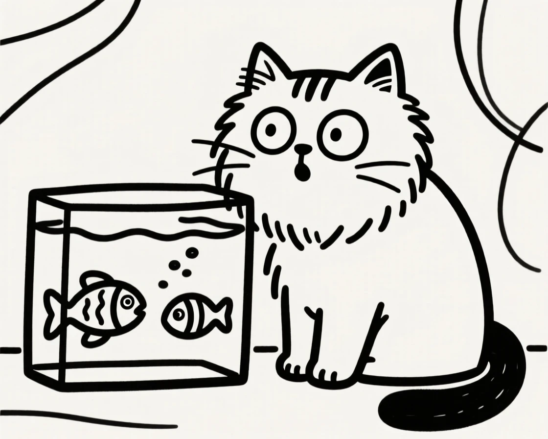 A persian cat peering curiously into a fish tank with wide eyes.