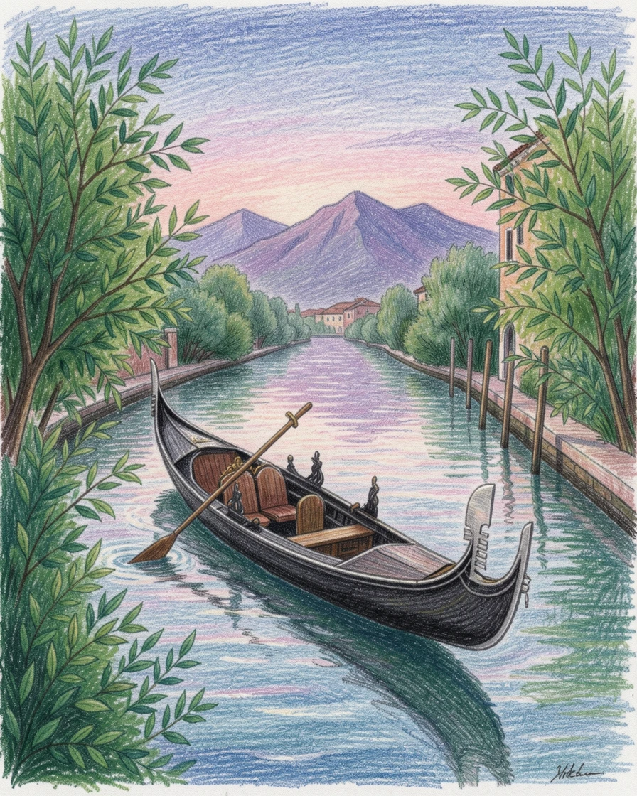 A gondola gliding through a quiet Venetian canal at dusk, framed by lush greenery and distant mountains, designed to inspire dreams of travel and adventure.