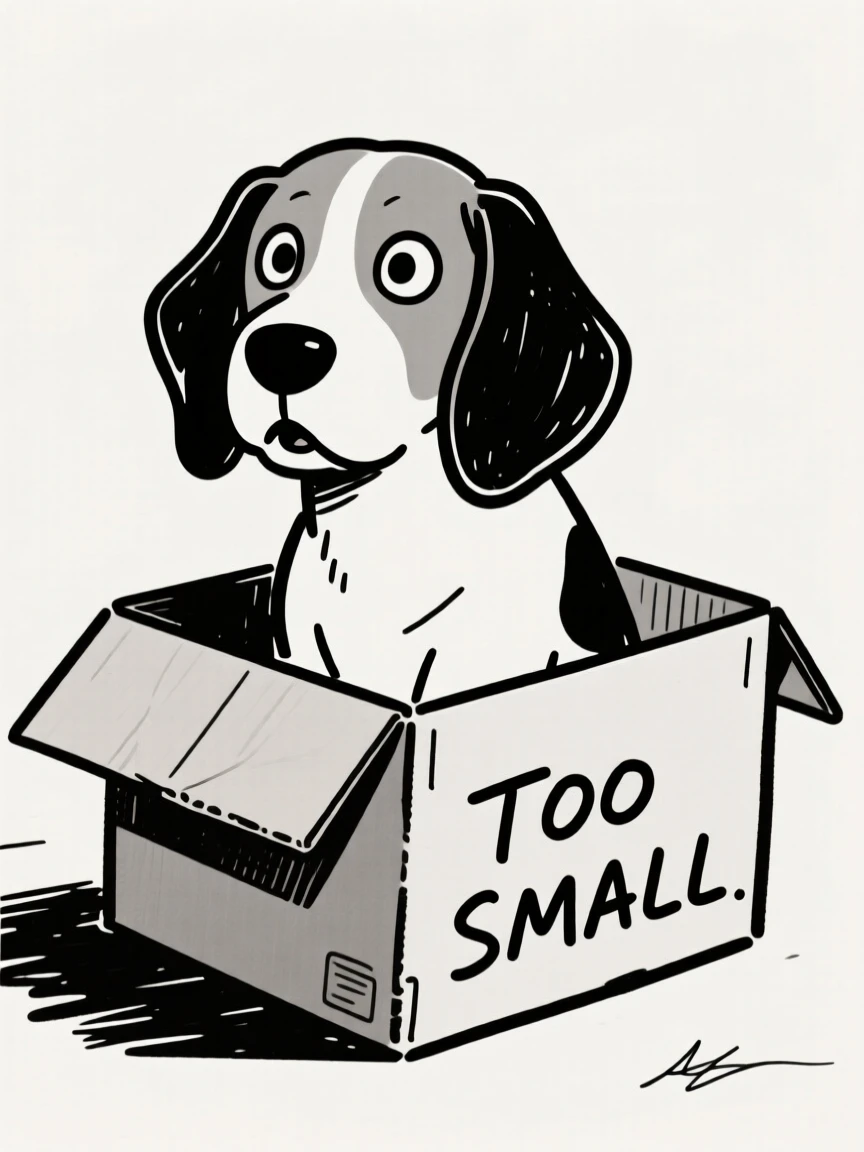 A beagle sitting inside a cardboard box that is clearly too small.