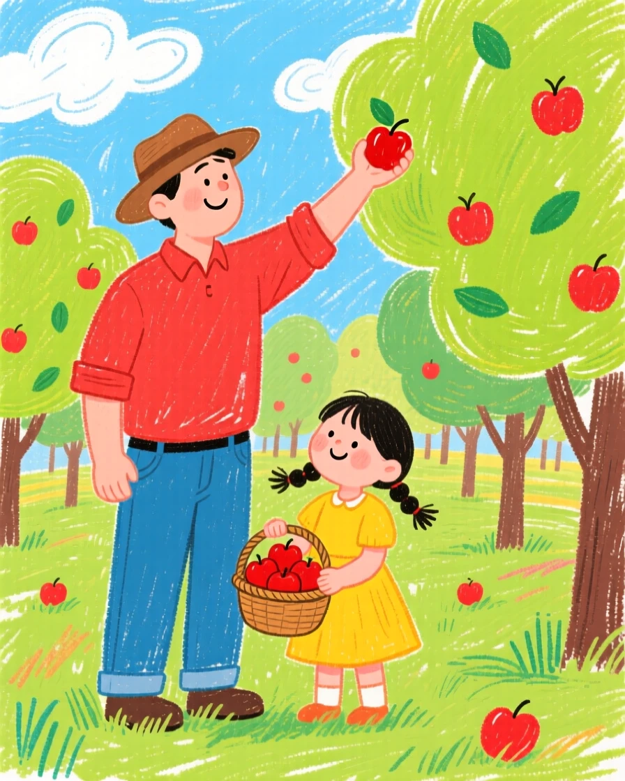A father and daughter picking apples together in an orchard.