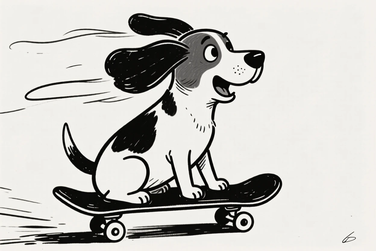 A beagle sitting on a skateboard mid-roll, ears flying back.