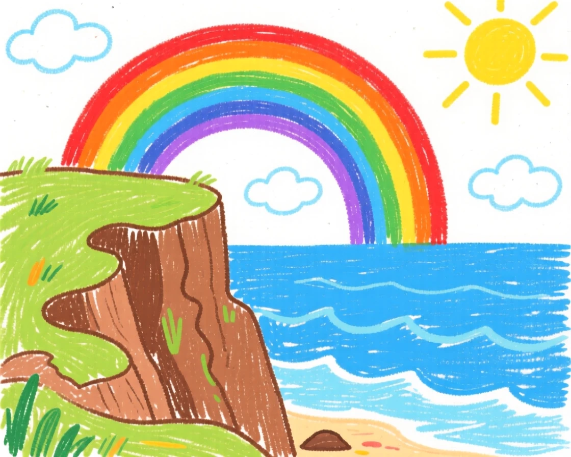 A coastal cliff overlooking the ocean under a brilliant double rainbow.