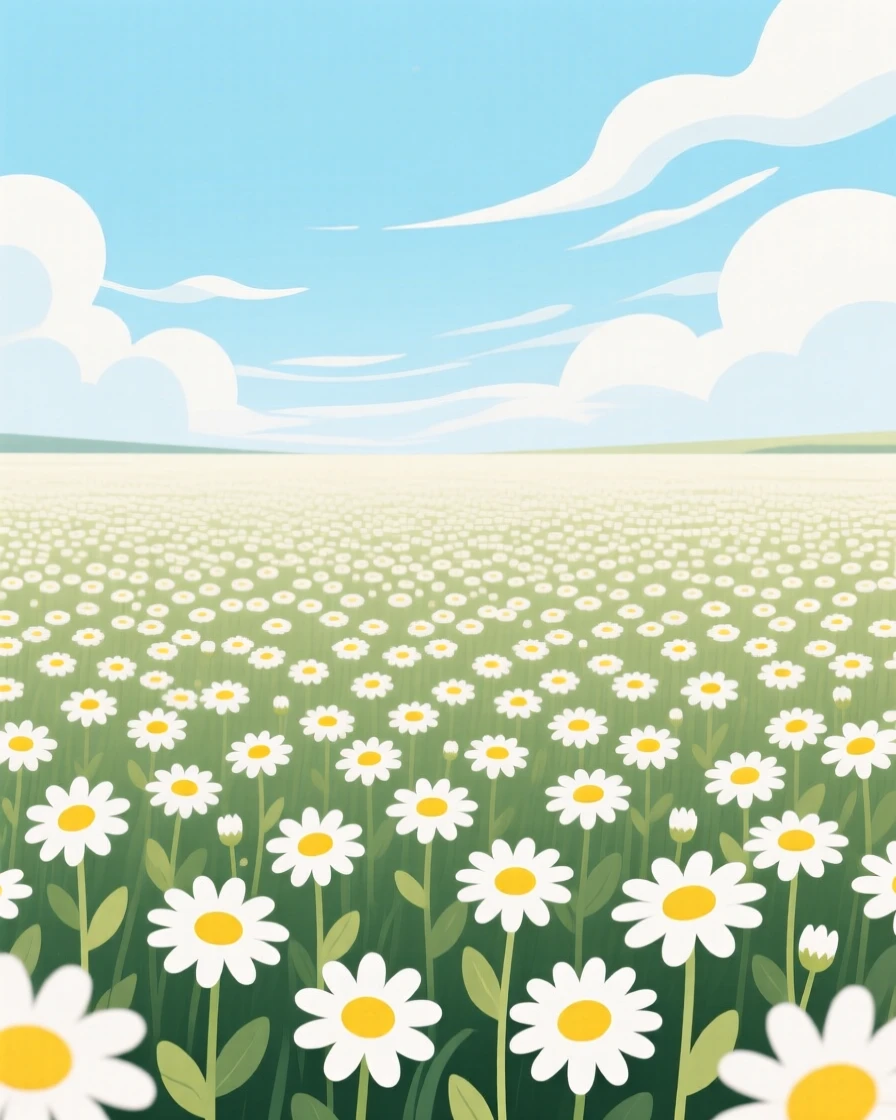 A field of daisies stretching endlessly toward the horizon, beneath a canopy of drifting clouds, balanced using the rule of thirds for natural harmony, with a fresh, crisp clarity that highlights every detail.