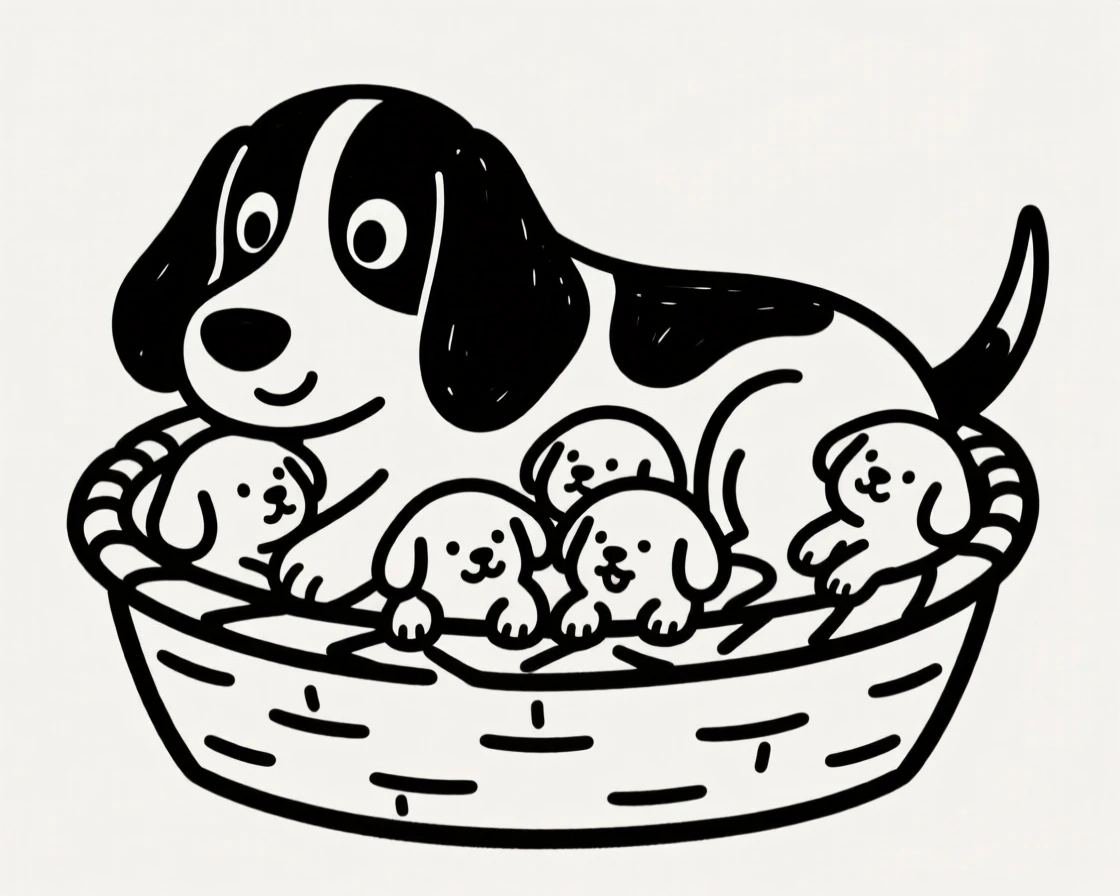 A beagle cuddled up with a litter of tiny kittens or puppies in a basket.