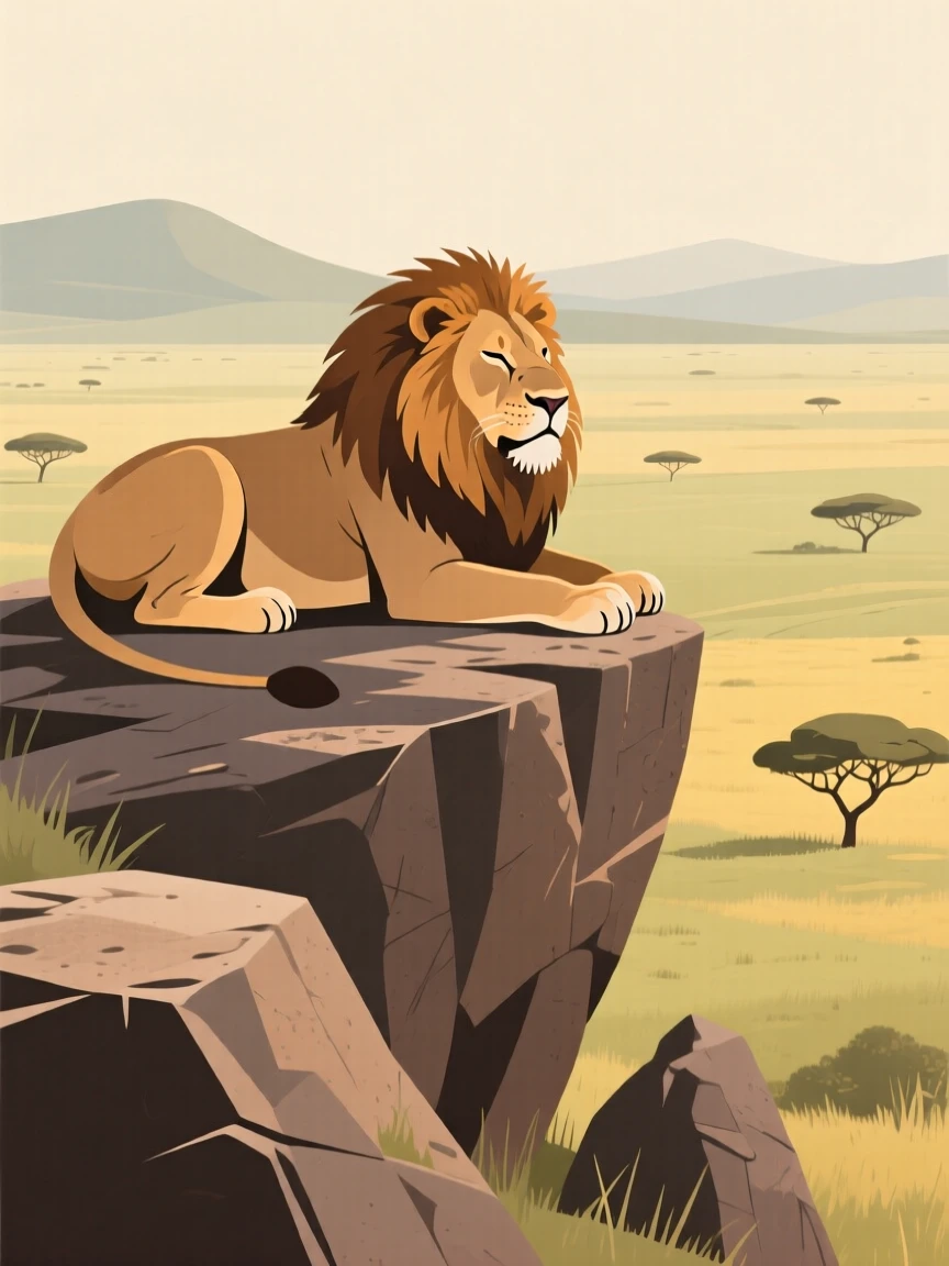 A majestic lion resting on a rocky outcrop overlooking the savanna.