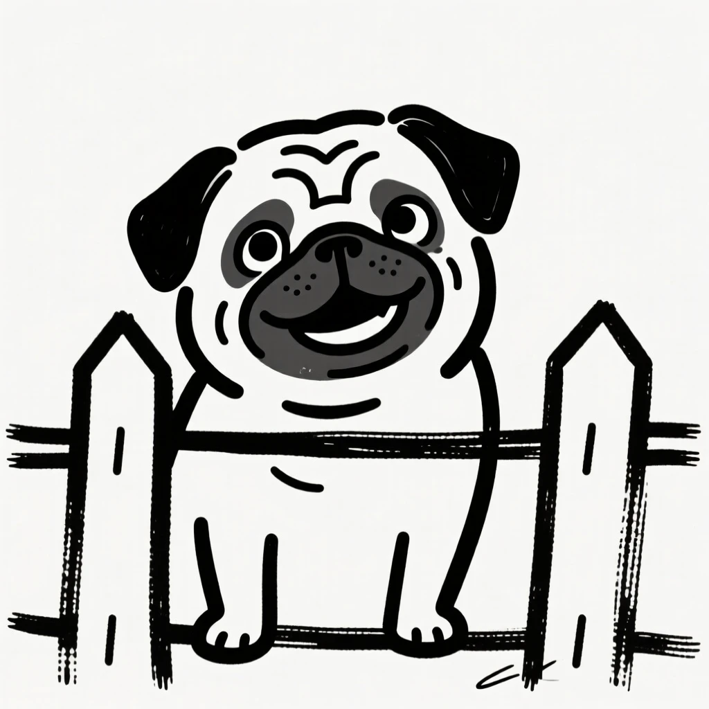 A pug peeking through a fence with a mischievous grin.