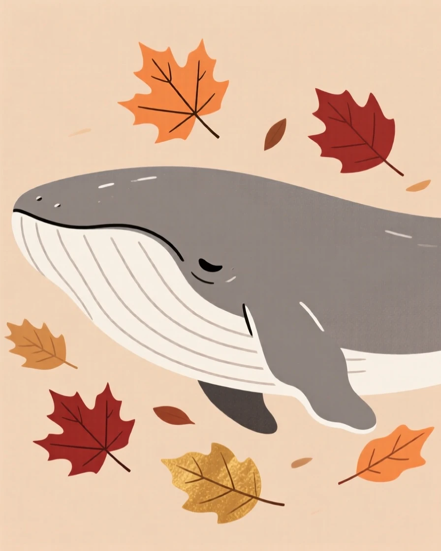 A close-up view of a humpback whale resting peacefully, surrounded by scattered autumn leaves, full of protective warmth.