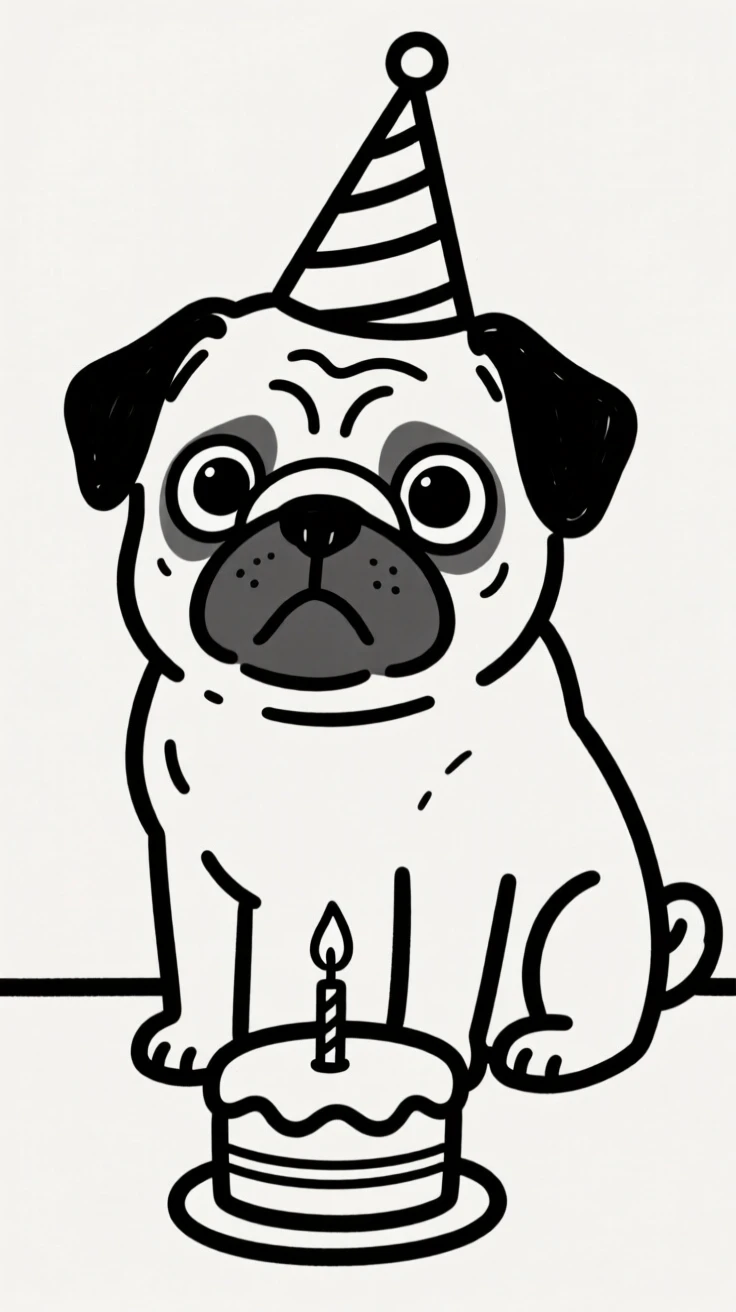 A pug wearing a tiny birthday hat, sitting proudly in front of a small cake with one candle.