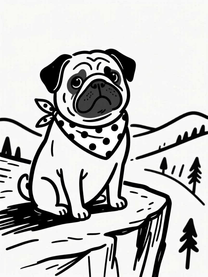 A pug wearing a bandana, sitting proudly on a hiking trail overlook.