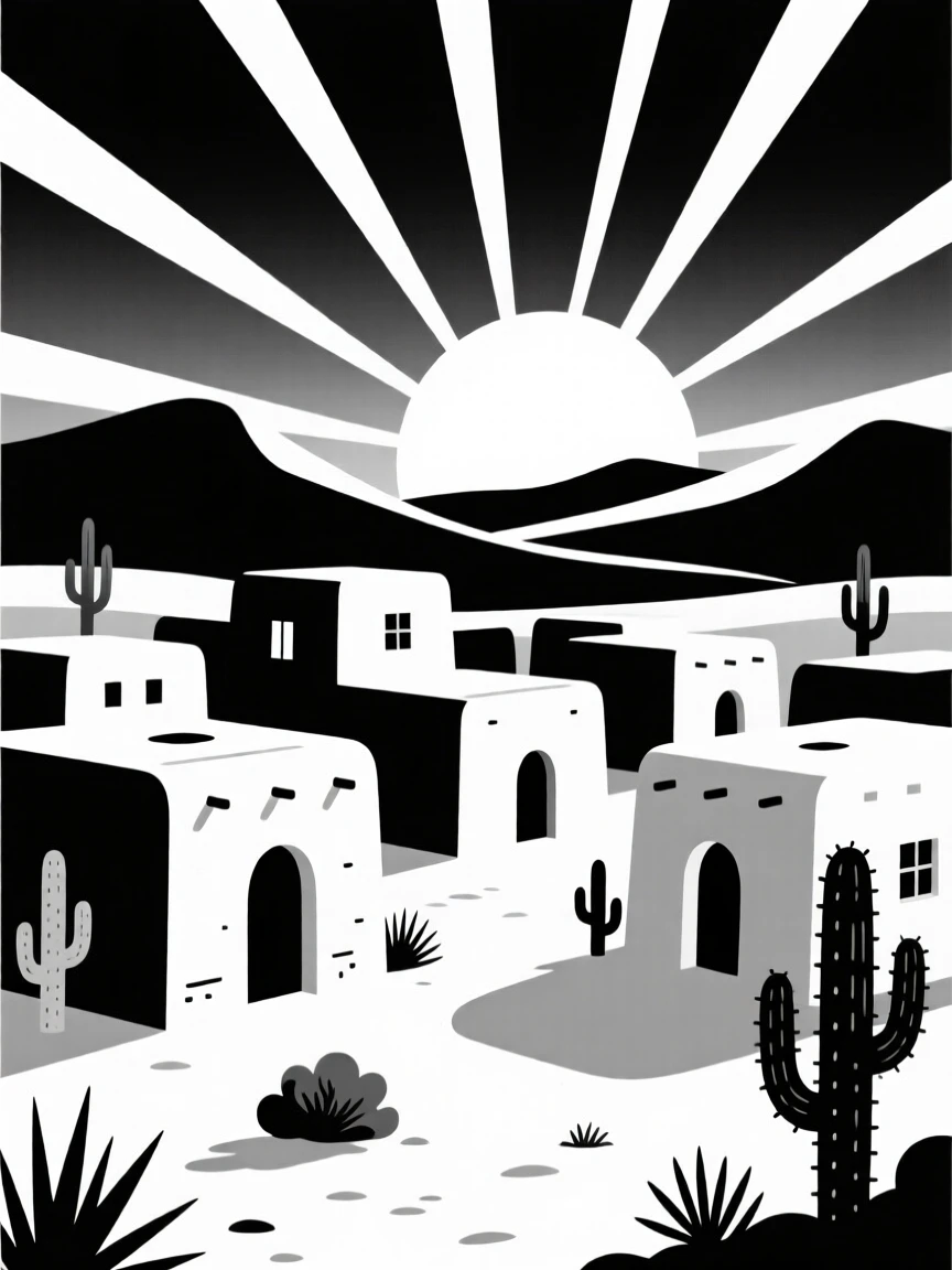 A desert adobe village at sunset.