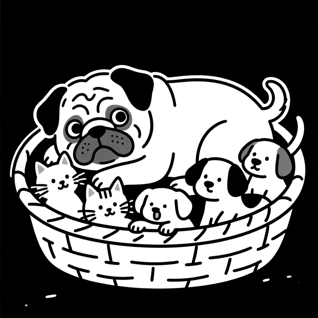 A pug cuddled up with a litter of tiny kittens or puppies in a basket.