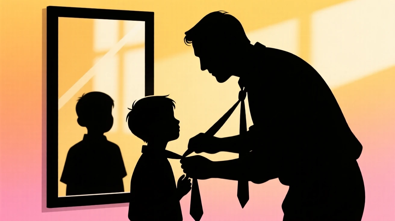 A father teaching his young son to tie a necktie in front of a mirror.