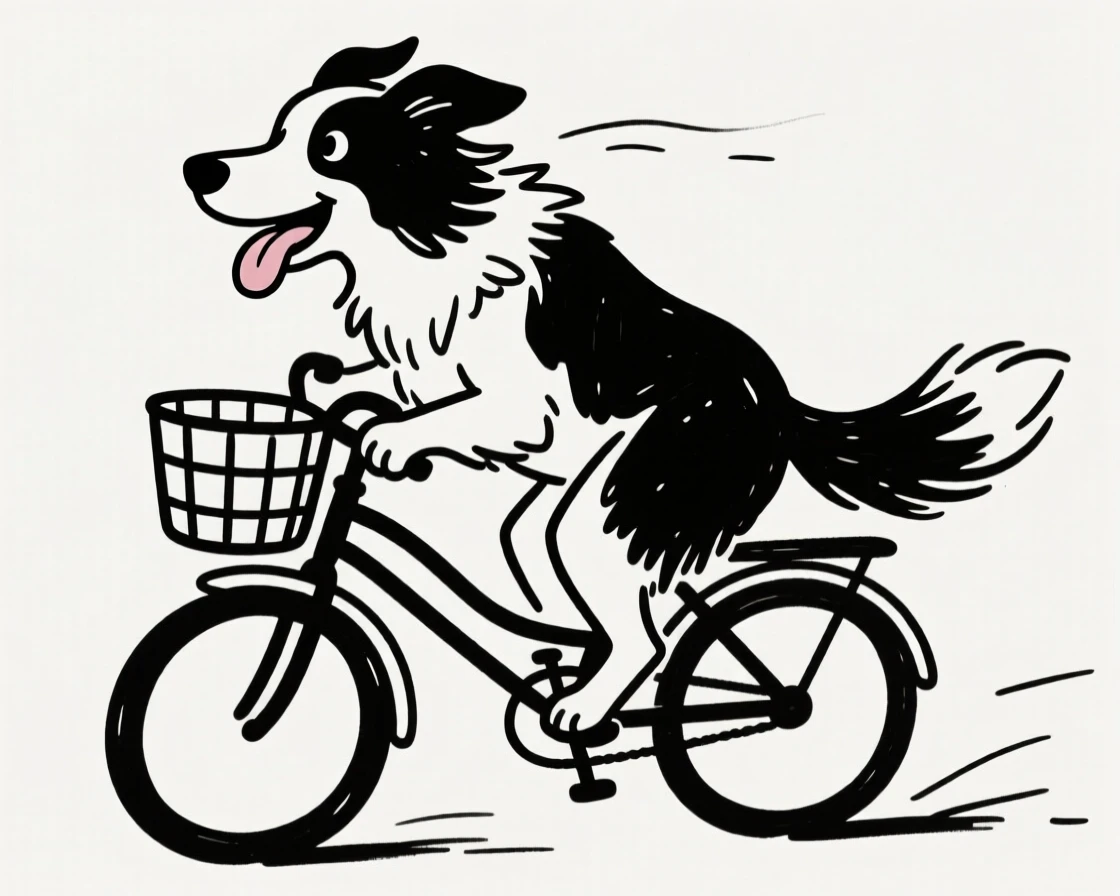 A border collie riding in a bicycle basket with its tongue out and wind in its fur.