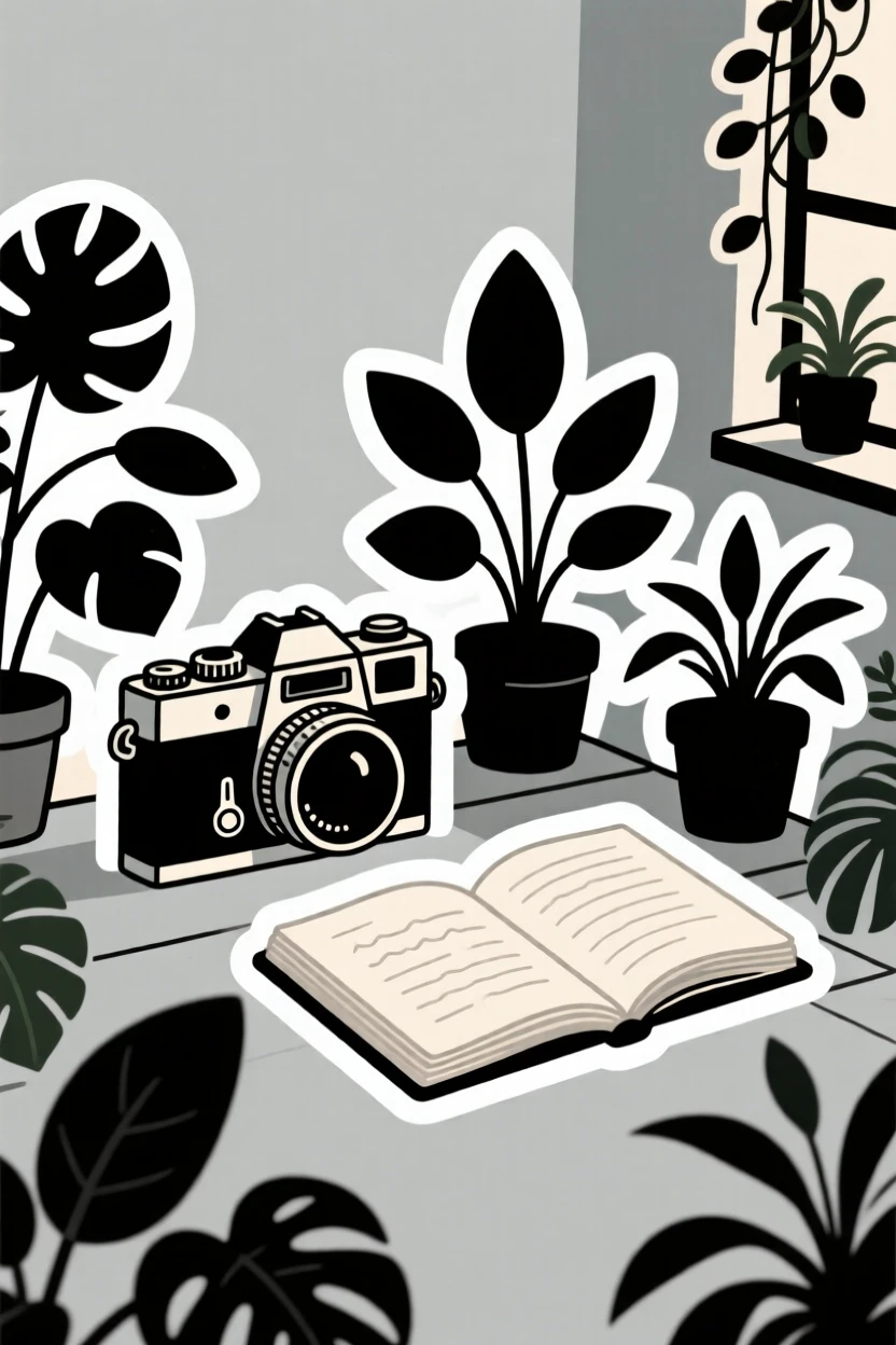 A softly lit vintage film camera, sitting beside an open journal, in a small apartment filled with plants.