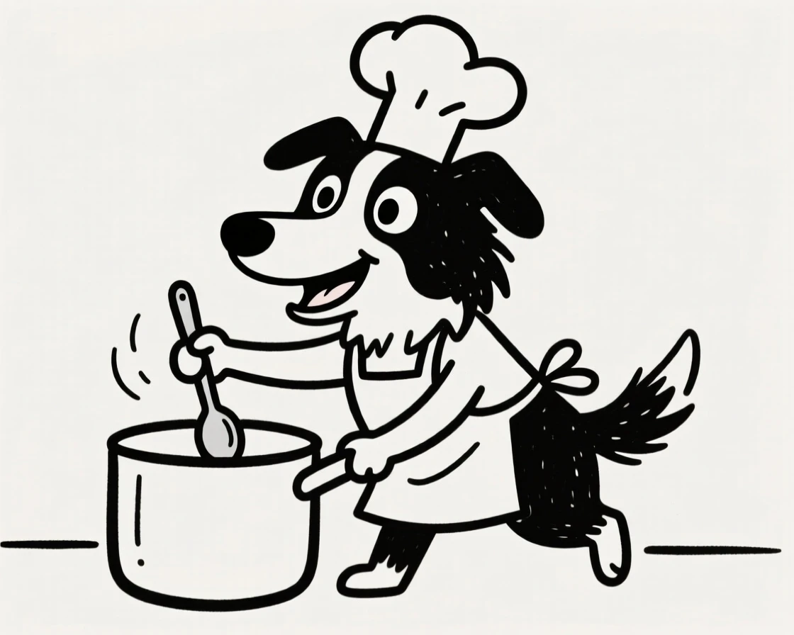 A border collie dressed as a tiny chef with an apron and hat, stirring a pot.