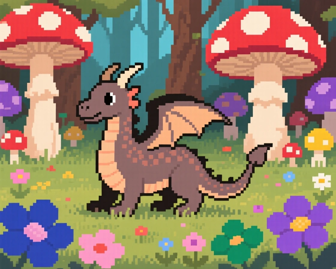 A gentle forest dragon riding through a field of giant mushrooms, within a garden of oversized enchanted flowers.