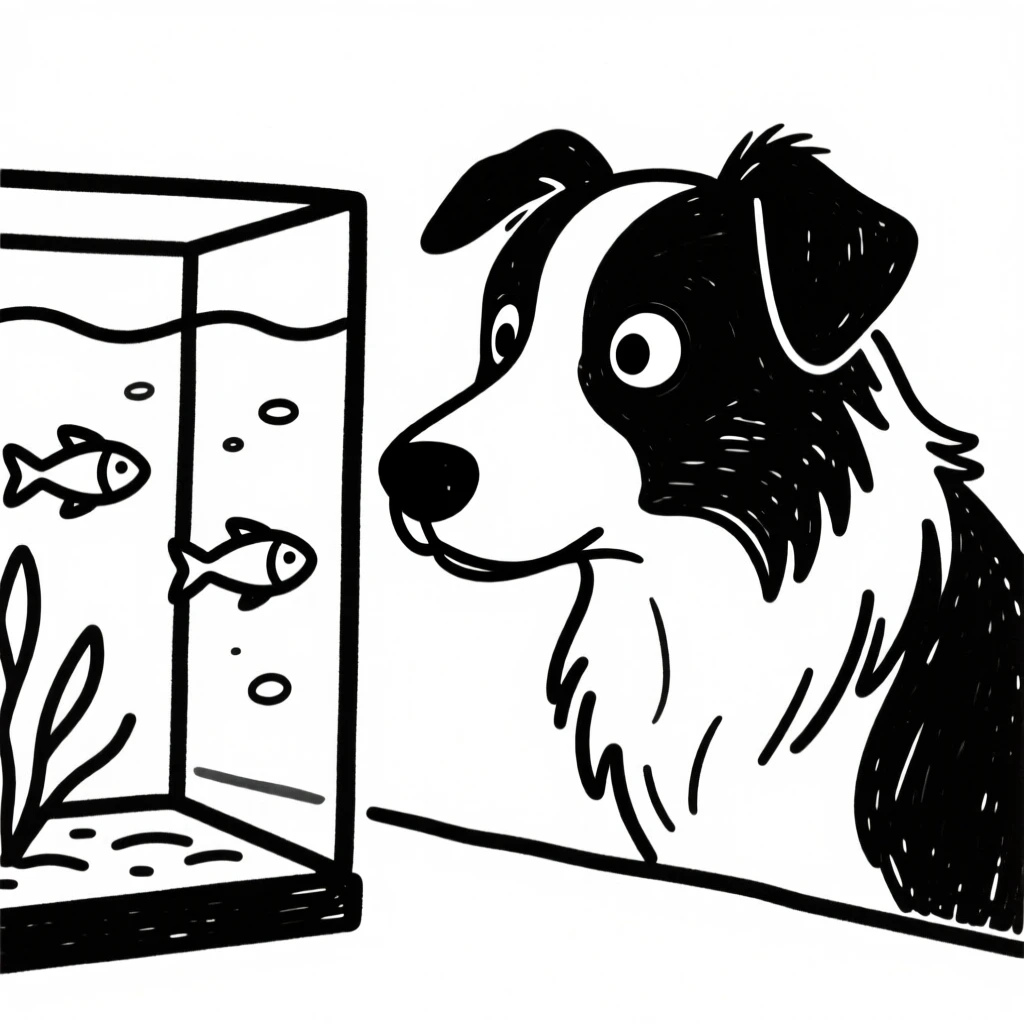 A border collie peering curiously into a fish tank with wide eyes.