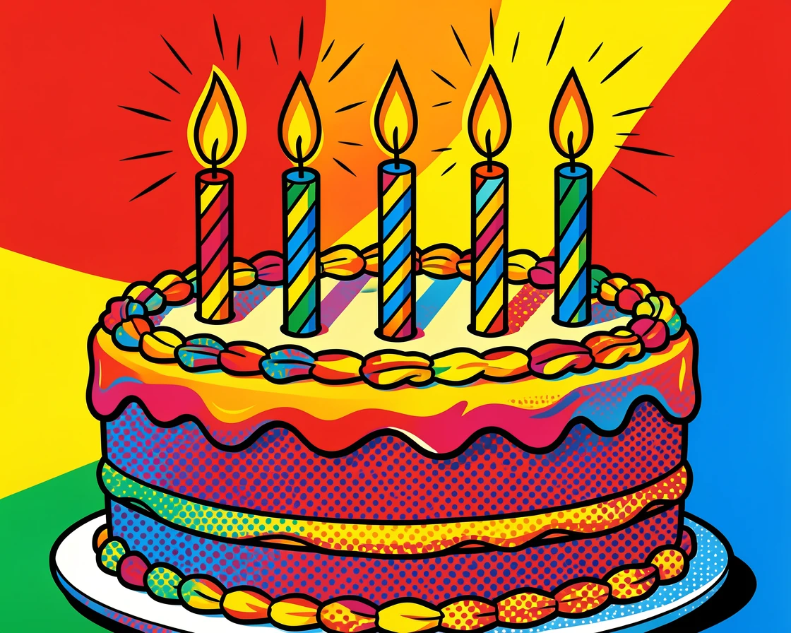 A birthday cake with lit candles photographed up close in soft natural light