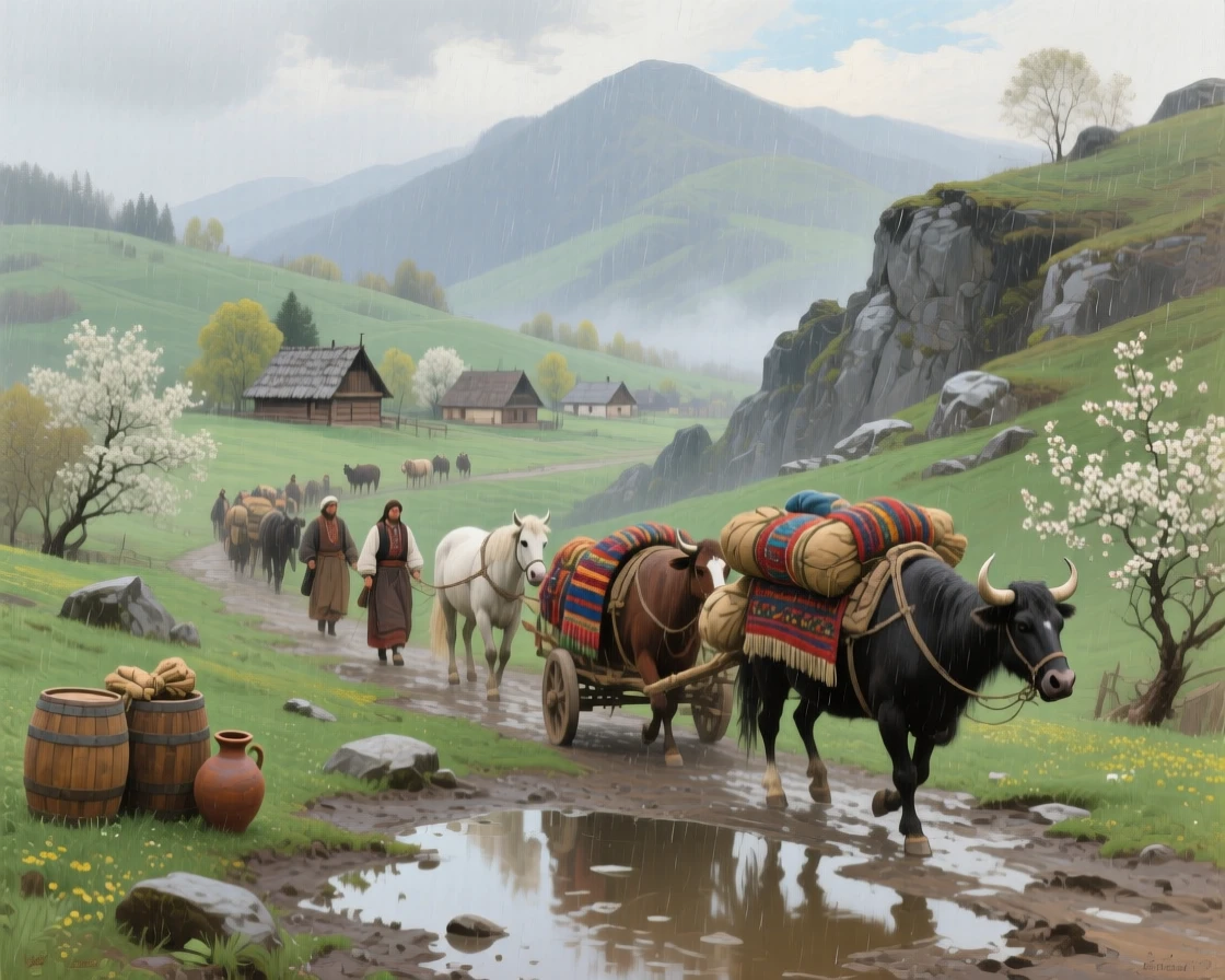 A broad landscape view of a caravan crossing a mountain pass laden with trade goods, in a Ukrainian village, during a gentle spring shower.