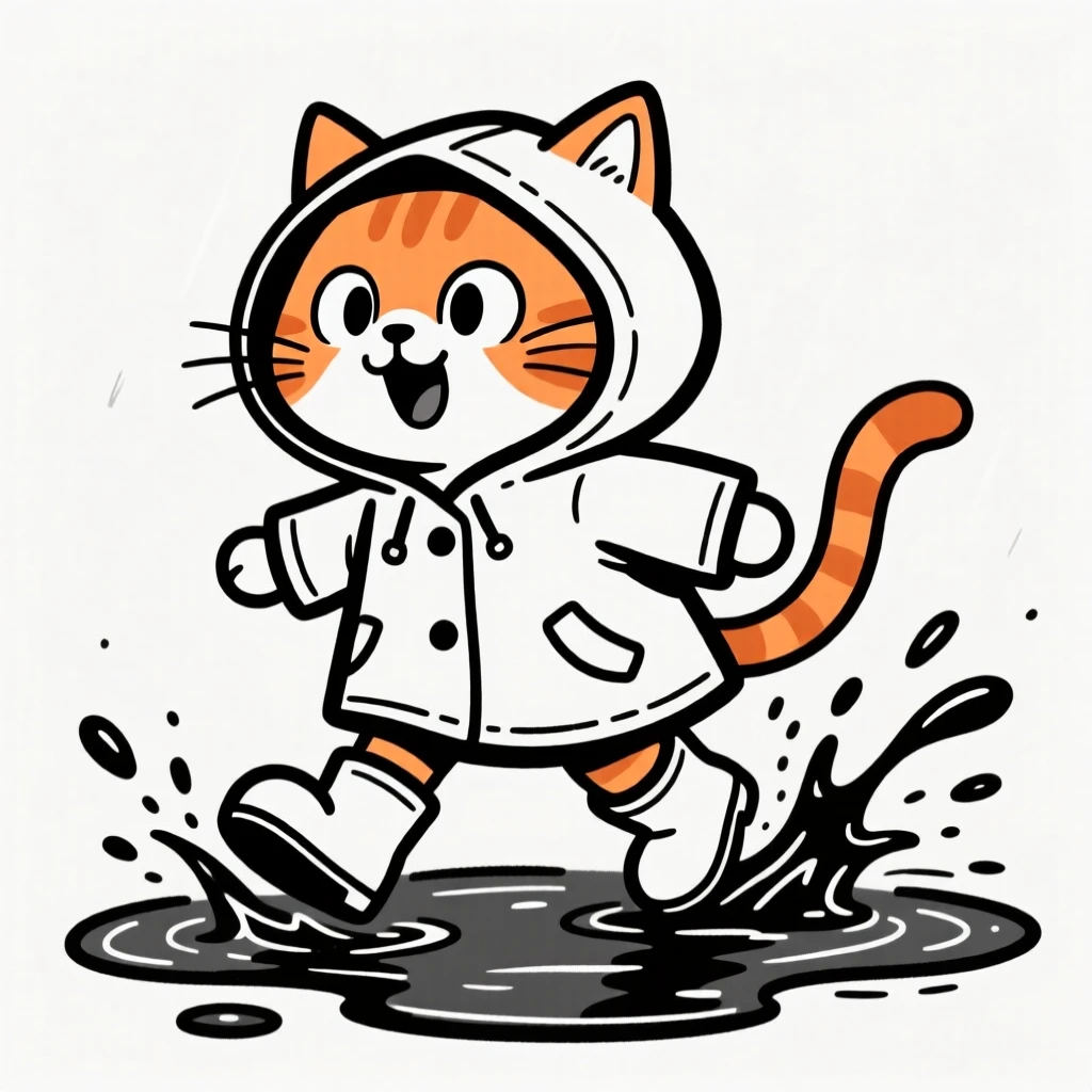 A orange tabby kitten wearing a raincoat and tiny boots, splashing through a puddle.