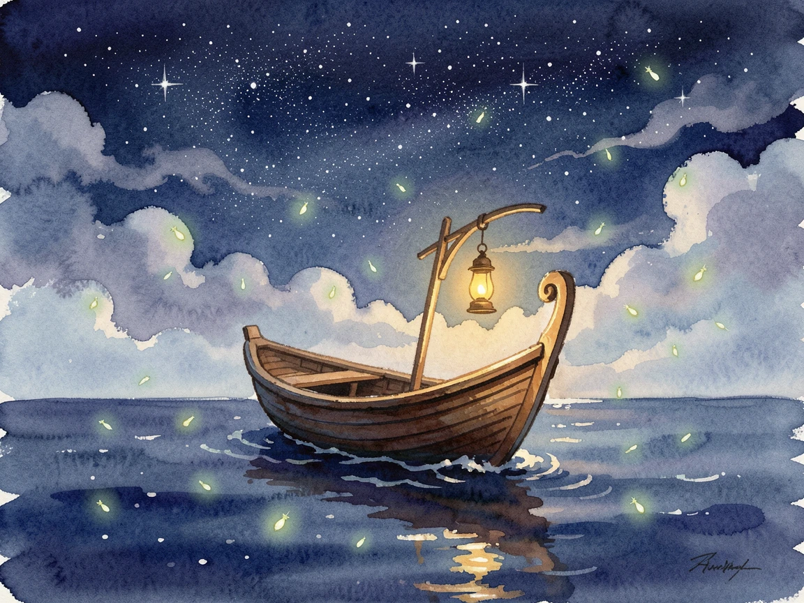 A lantern-lit boat sailing through a starry sky with glowing fireflies drifting through the air.