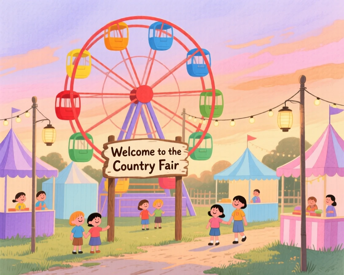 A charming scene of a country fair with a ferris wheel at dusk.