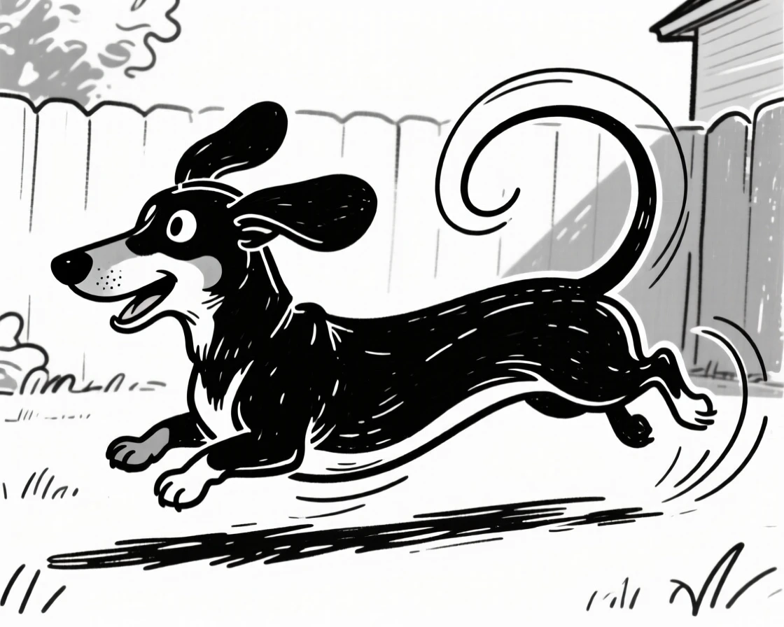 A dachshund chasing its own tail in a sunny backyard, ears flopping mid-spin.