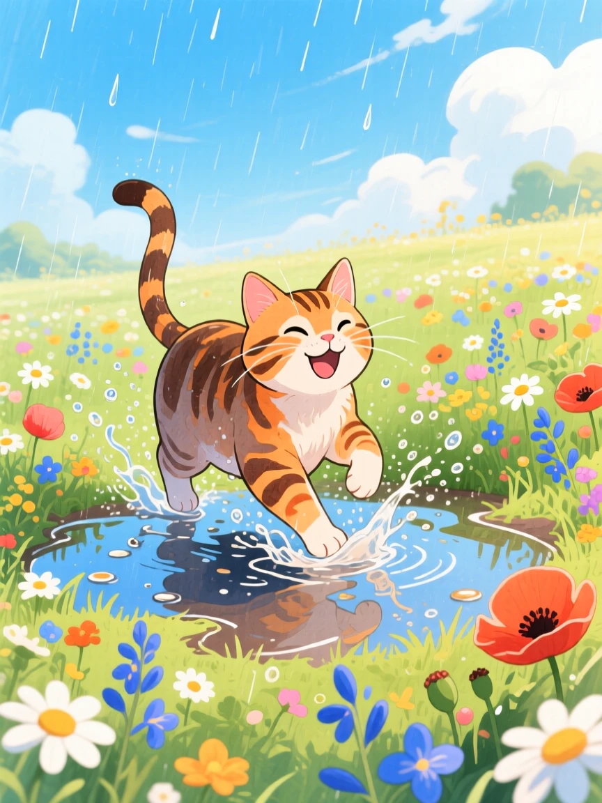 A tabby cat splashing happily in a puddle after rain, set in a meadow bursting with wildflowers under a blue sky, sparking a feeling of tender nostalgia.