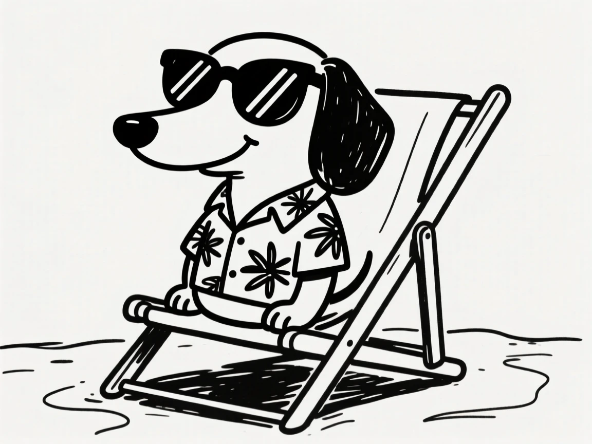A dachshund wearing sunglasses and a Hawaiian shirt, lounging in a mini beach chair.