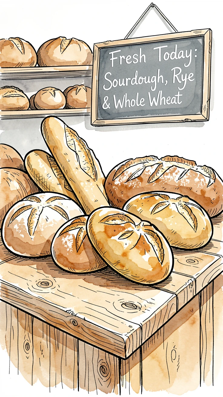 A rustic bakery counter lined with fresh loaves of bread, still warm from the oven