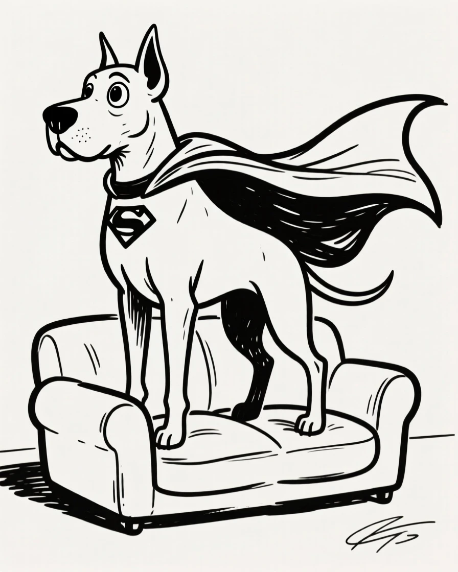 A great dane dressed in a superhero cape, standing heroically on a couch cushion.