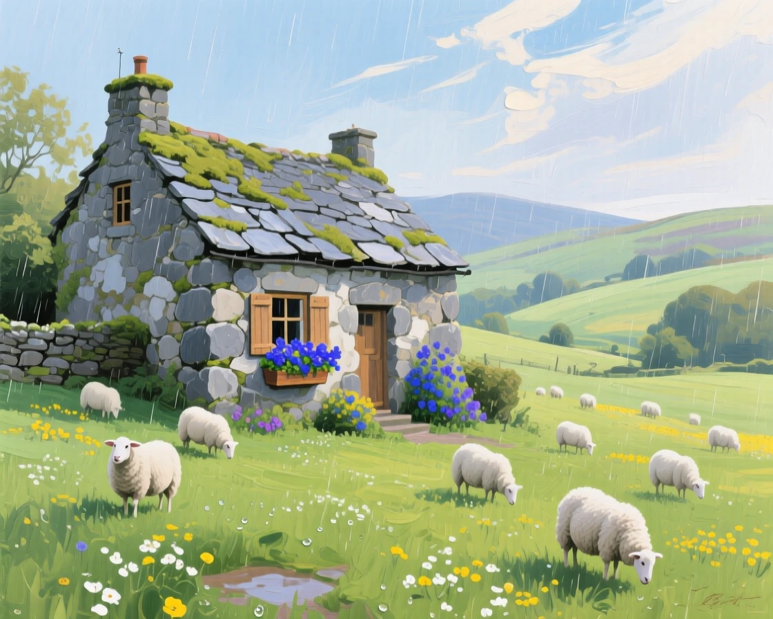a stone cottage surrounded by grazing sheep, after a light spring rain, with a balanced, spacious view of the surroundings.