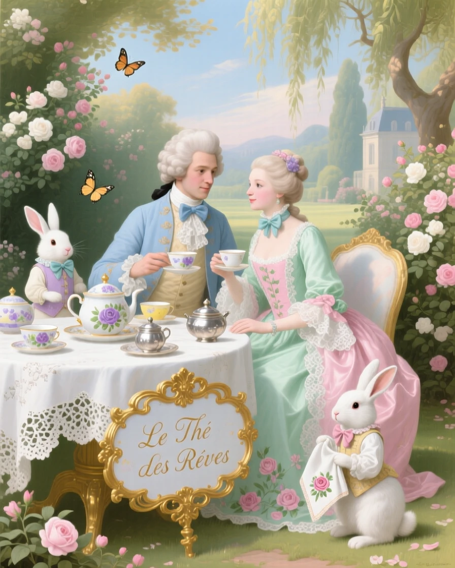 A prince and princess sharing tea with a family of elegant rabbits  