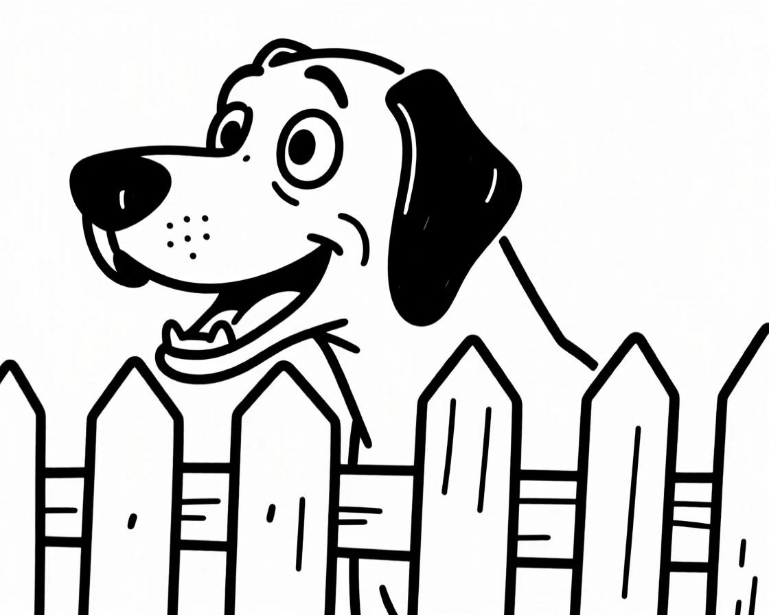 A great dane peeking through a fence with a mischievous grin.