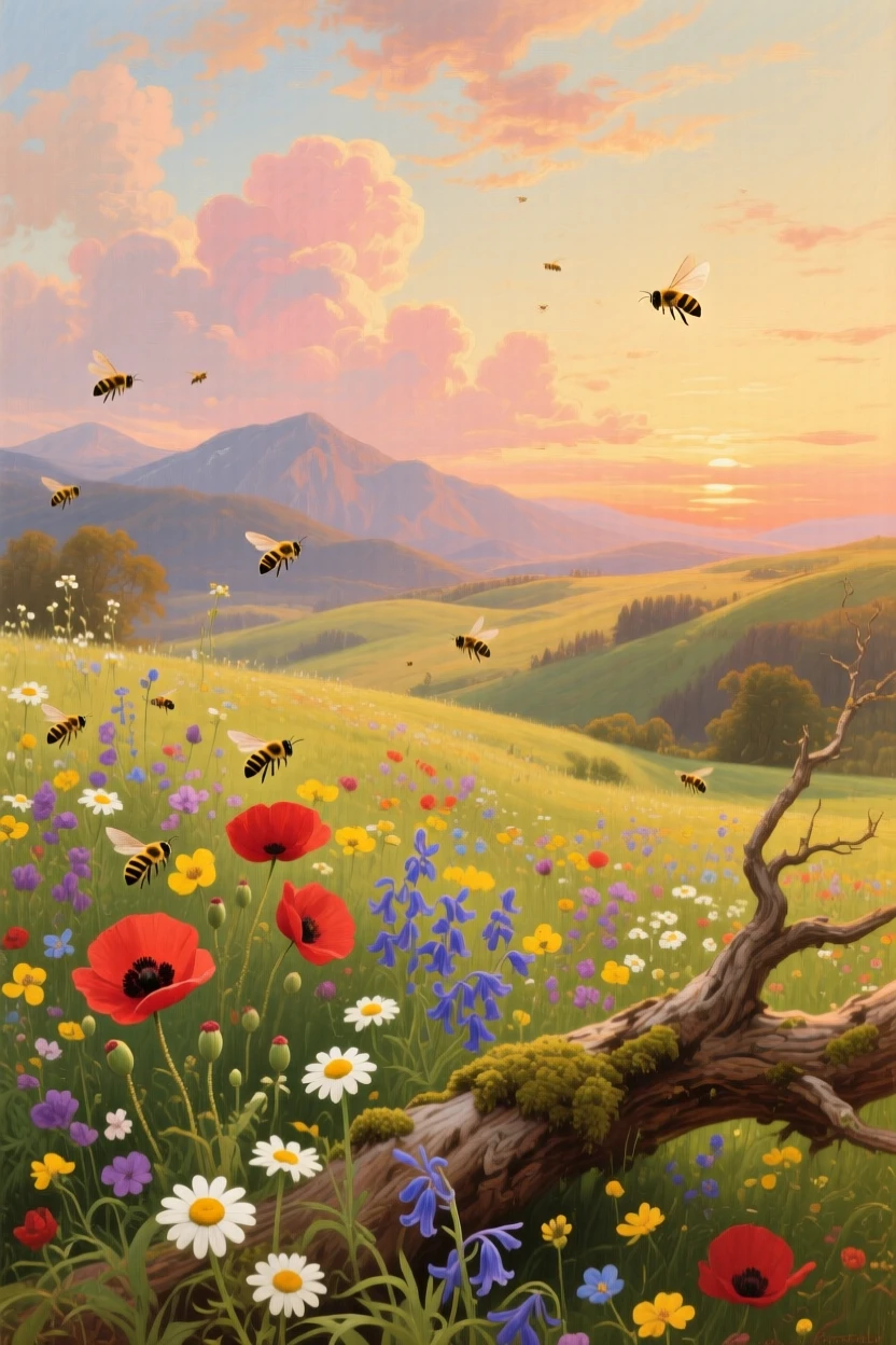 A summer meadow buzzes with bees among wildflowers in full bloom.