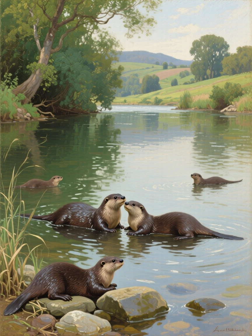 A family of otters floating together on their backs in a calm river, as the rest of its family group remains close by, designed to feel both intimate and awe-inspiring